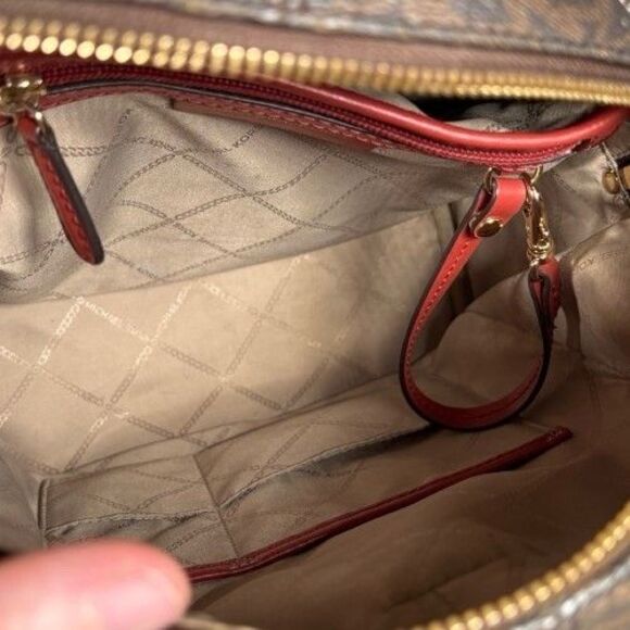 Rare Michael Kors Rhea Zip Backpack Signature Logo Red Snakeskin Suede Stripe - Picture 7 of 16